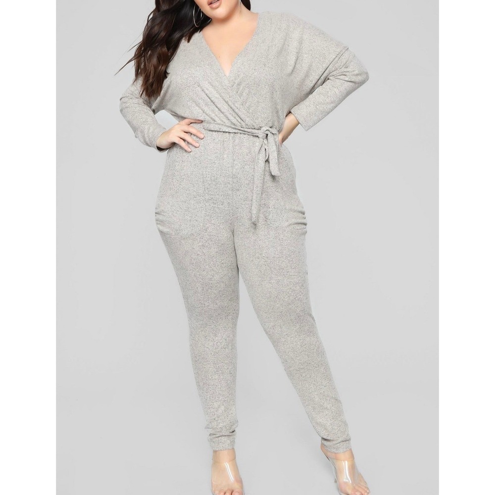 Fashion Nova Womens Heather Grey Wrap V-Neck Tie Waist Jumpsuit (1137)
